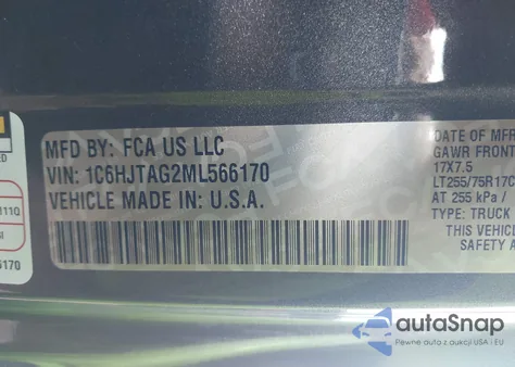 2021 Jeep Gladiator Willys 4X4 z USA, uszkodzony, nr VIN 1C6HJTAG2ML566170